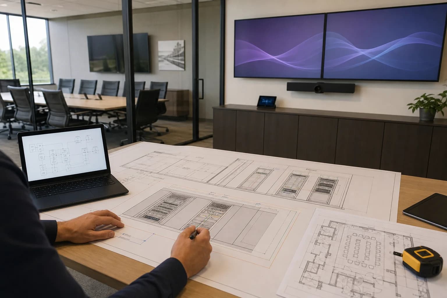 AV consultant reviewing signal-flow drawings and rack elevations beside a conference room