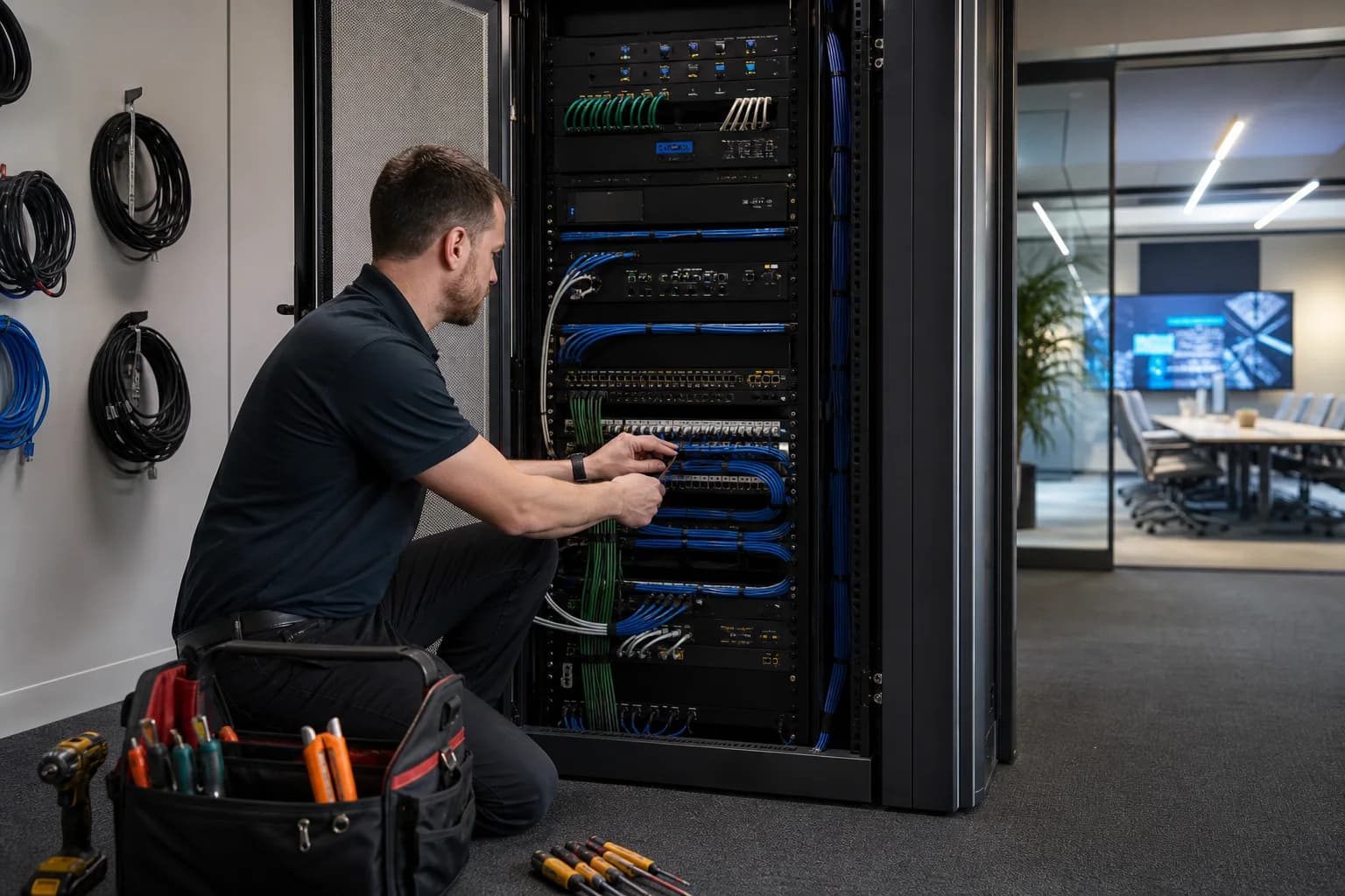 Professional AV technician installing and testing an organized enterprise equipment rack