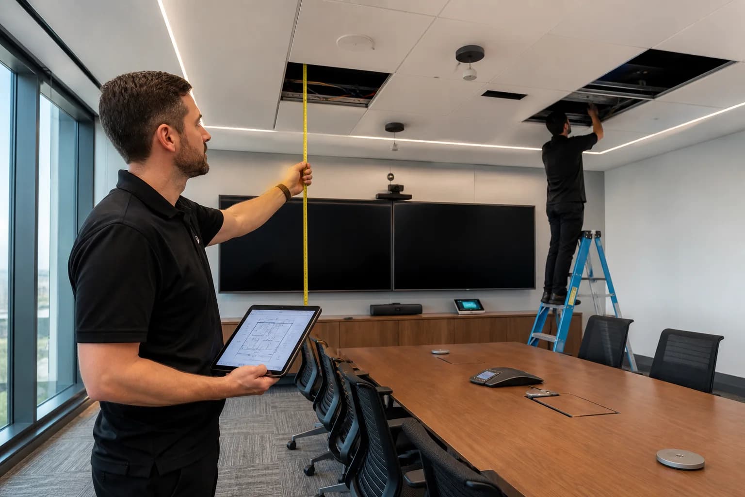 AV consultants measuring a conference room and inspecting ceiling infrastructure during a site survey