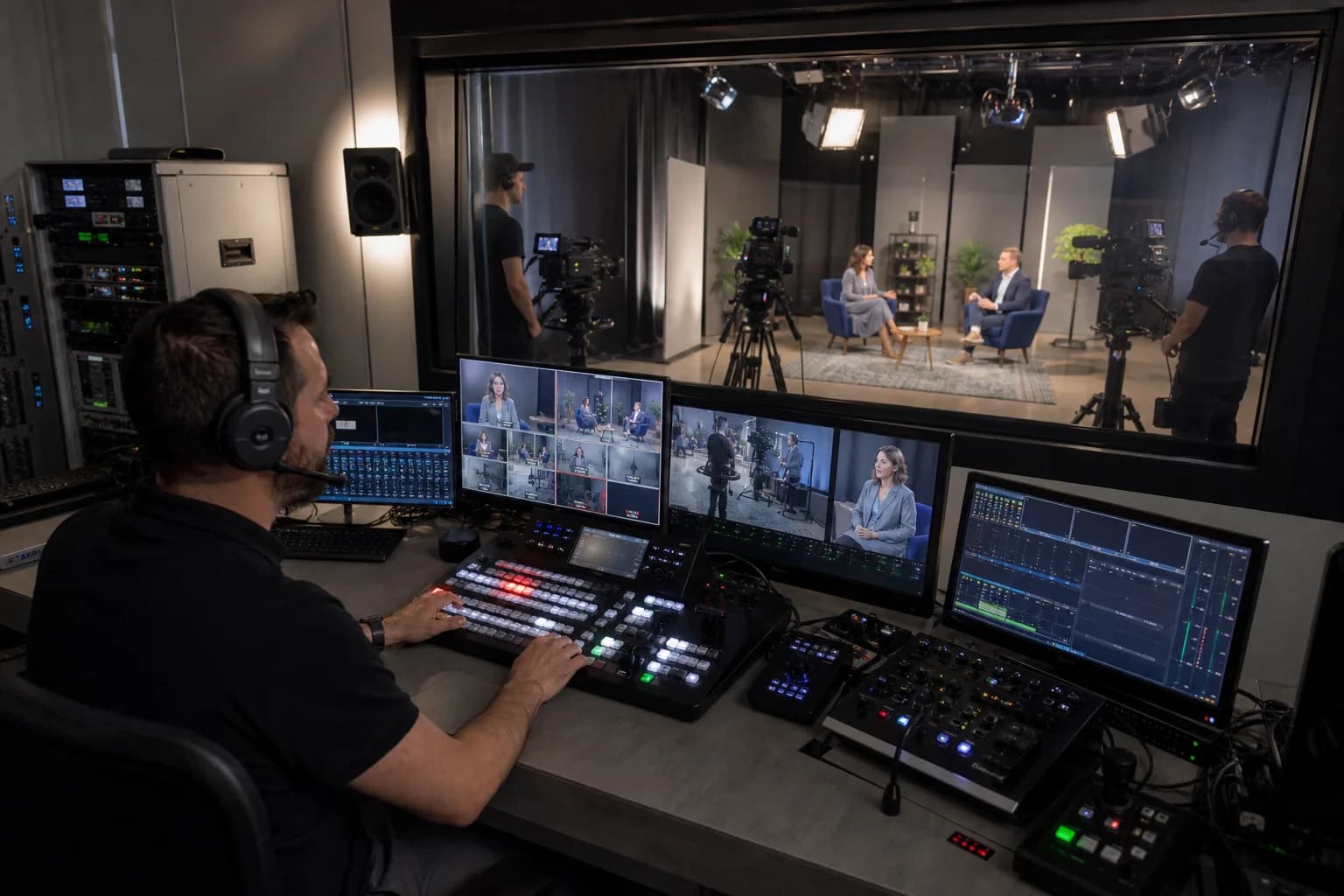 Broadcast operator directing a multi-camera interview from a professional studio control room