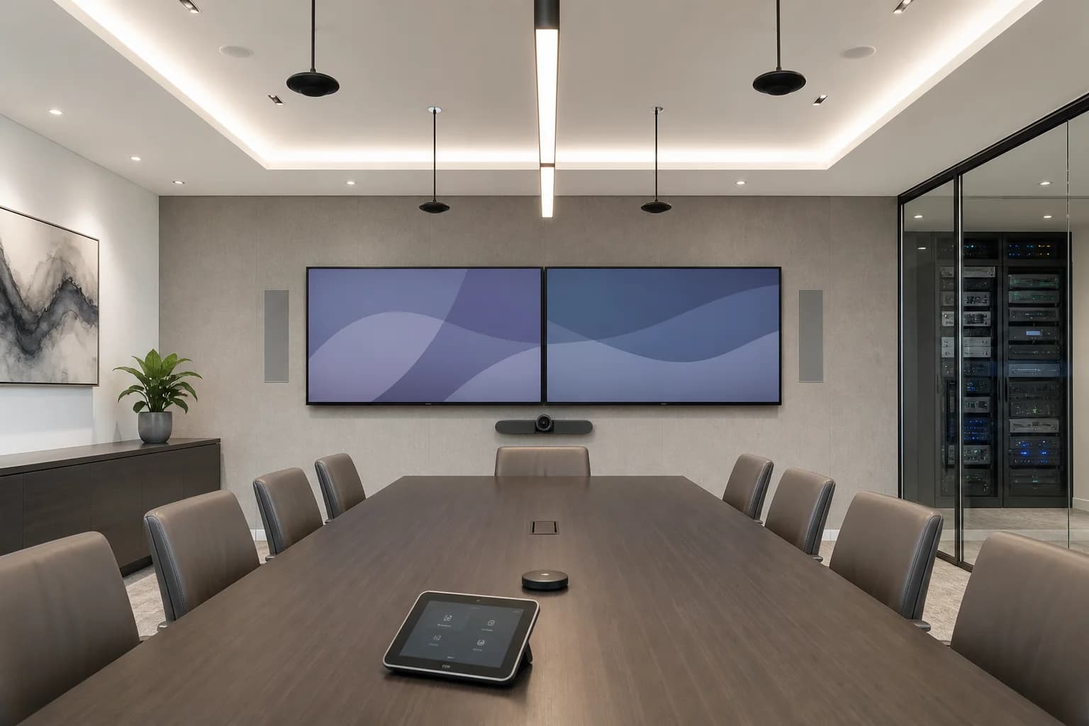 Modern hybrid conference room with dual displays, room camera, ceiling microphones, touch control, and serviceable AV rack