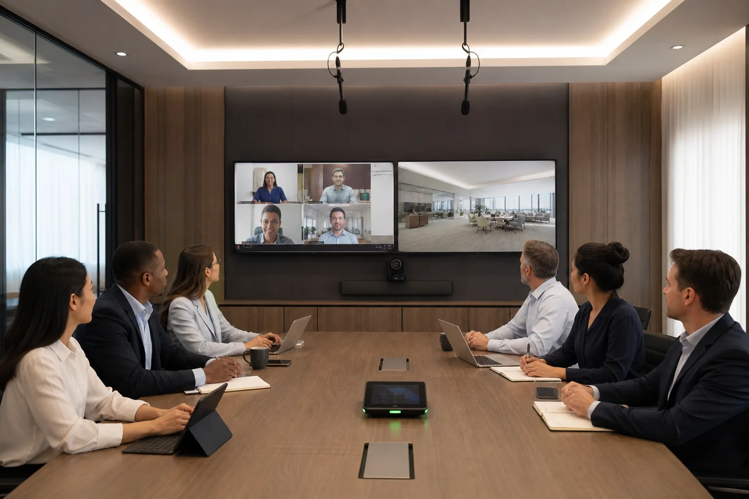 Hybrid executive meeting using dual displays, an eye-level room camera, ceiling microphones, and integrated controls