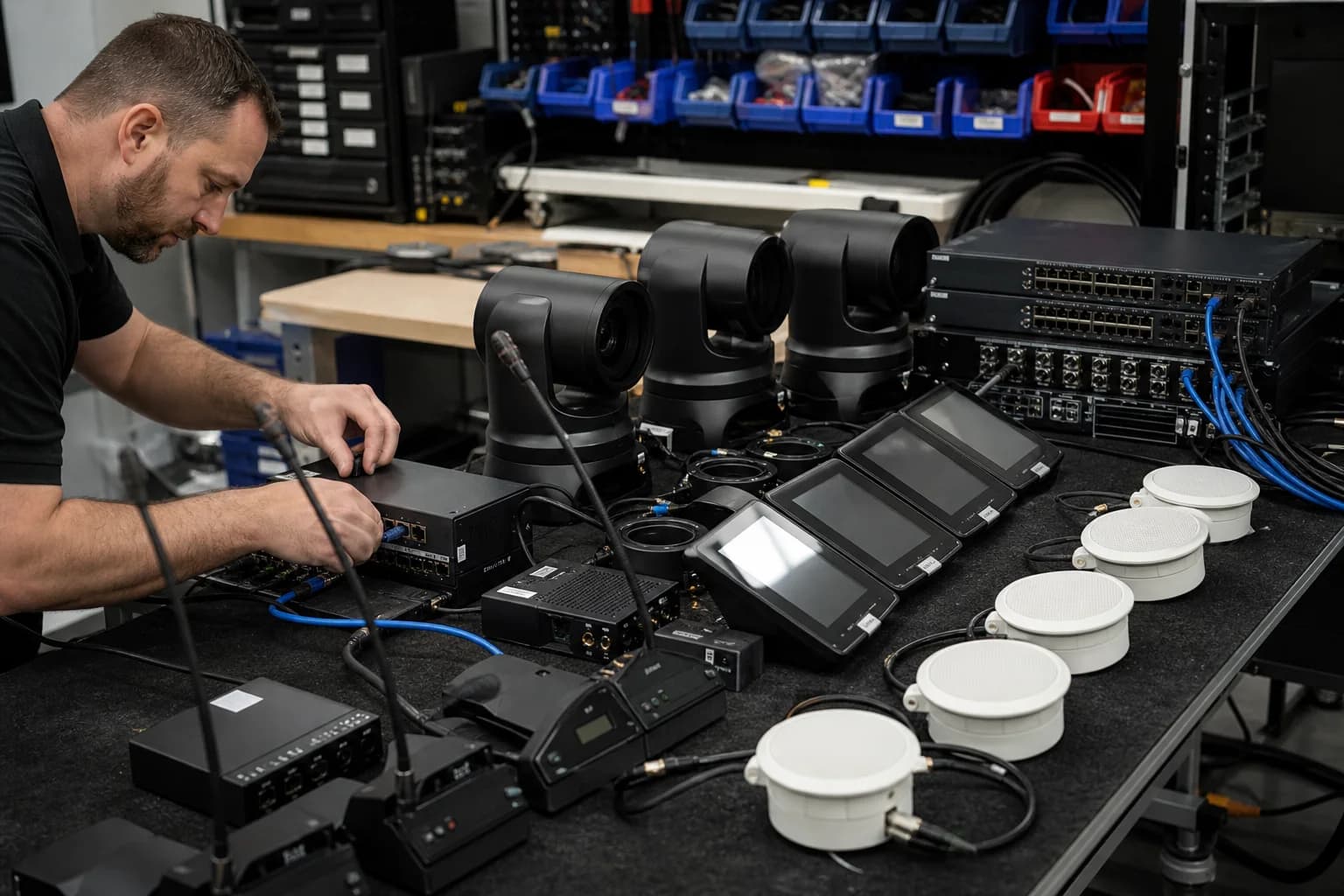 AV equipment being preconfigured on an integration bench before installation, including cameras, microphones, controls, and network hardware