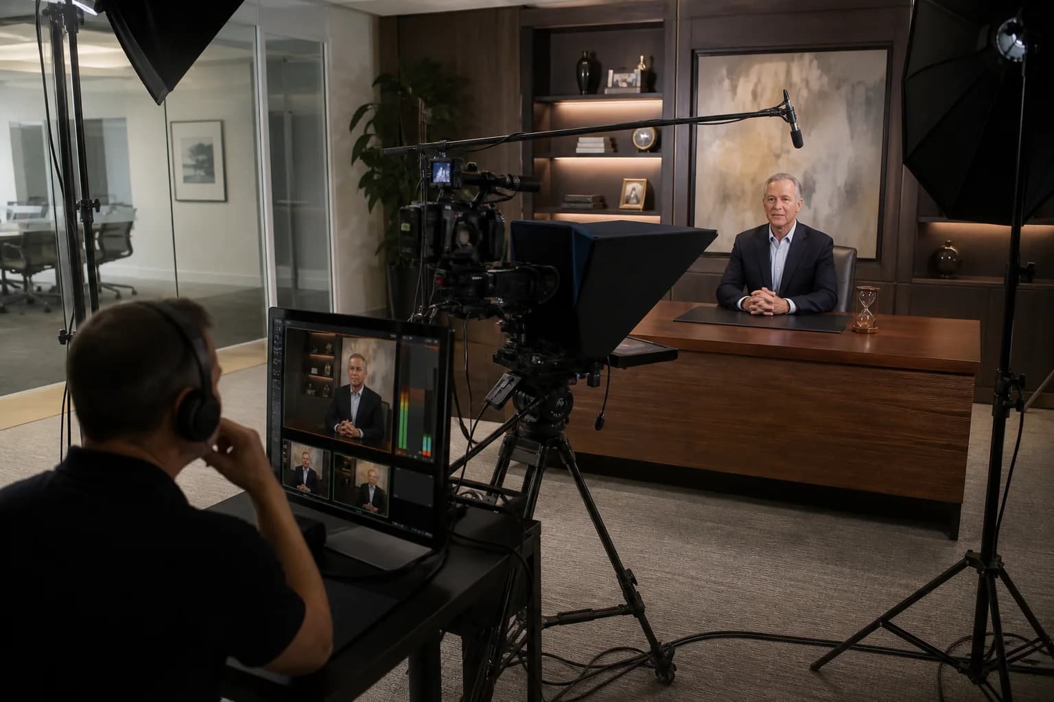Executive recording a leadership message with a producer, teleprompter, camera, monitor, and controlled office lighting