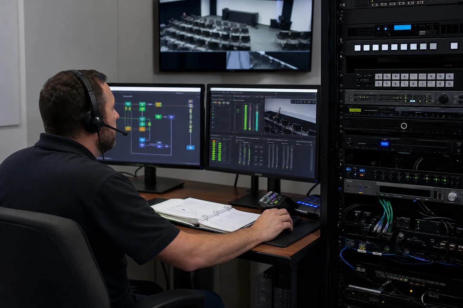 AV support engineer monitoring room feeds and diagnosing an installed system beside its equipment rack