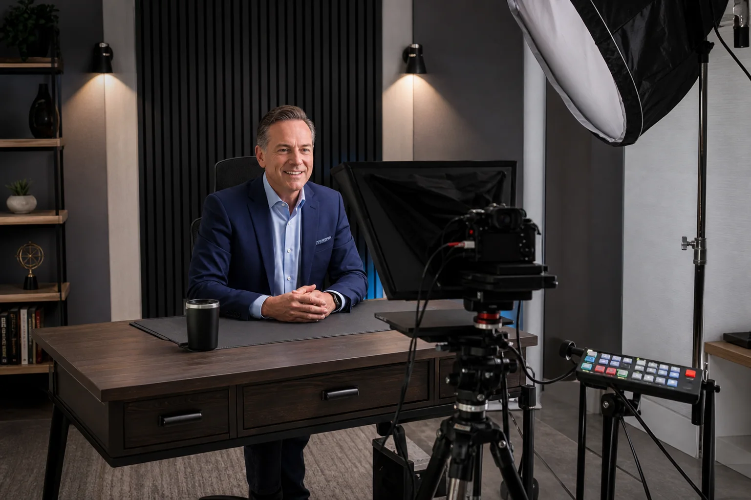 Executive recording from a permanent home-office studio with camera, teleprompter, lighting, and simple controls