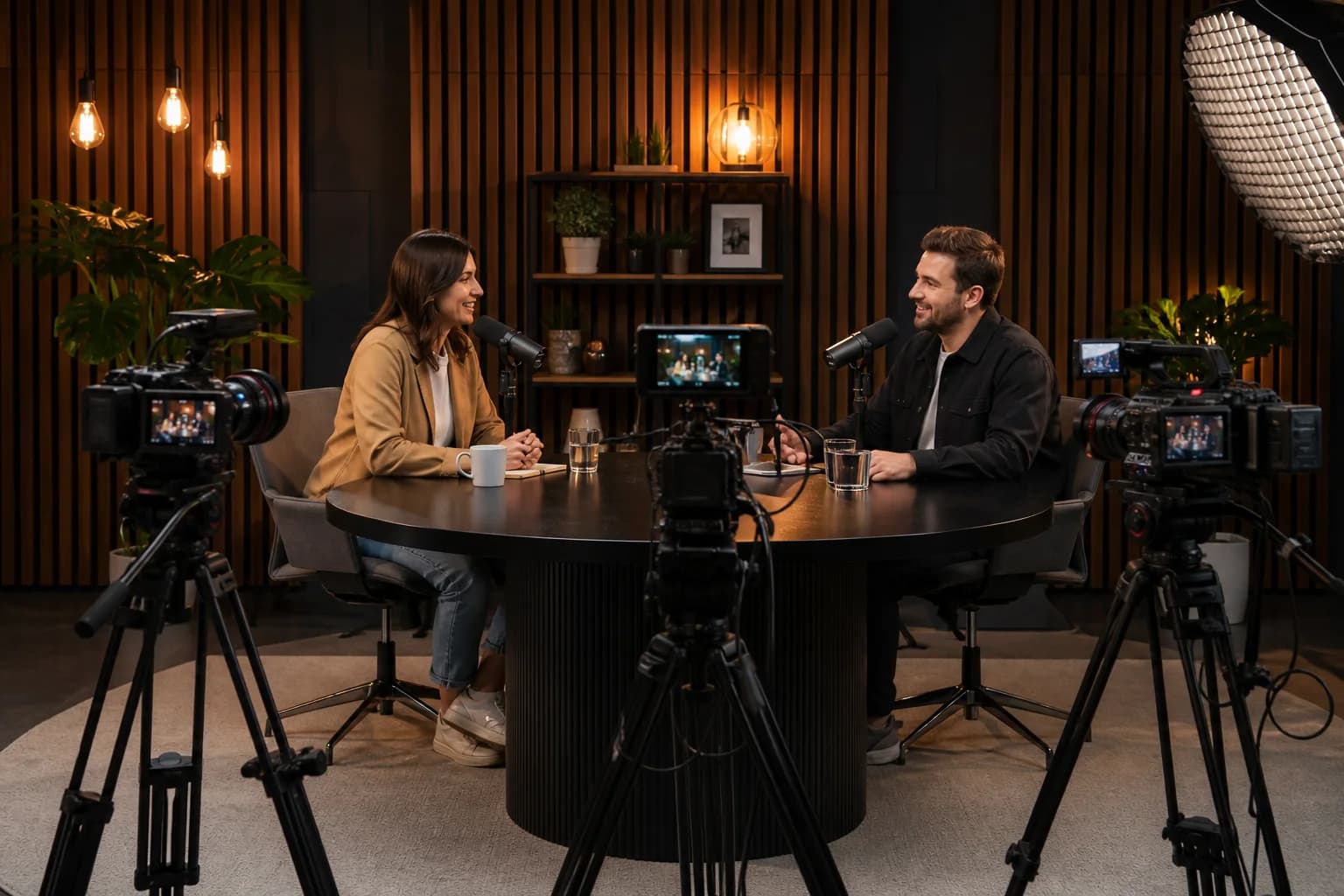 Two hosts recording in a multi-camera podcast studio with correctly positioned microphones and controlled practical lighting