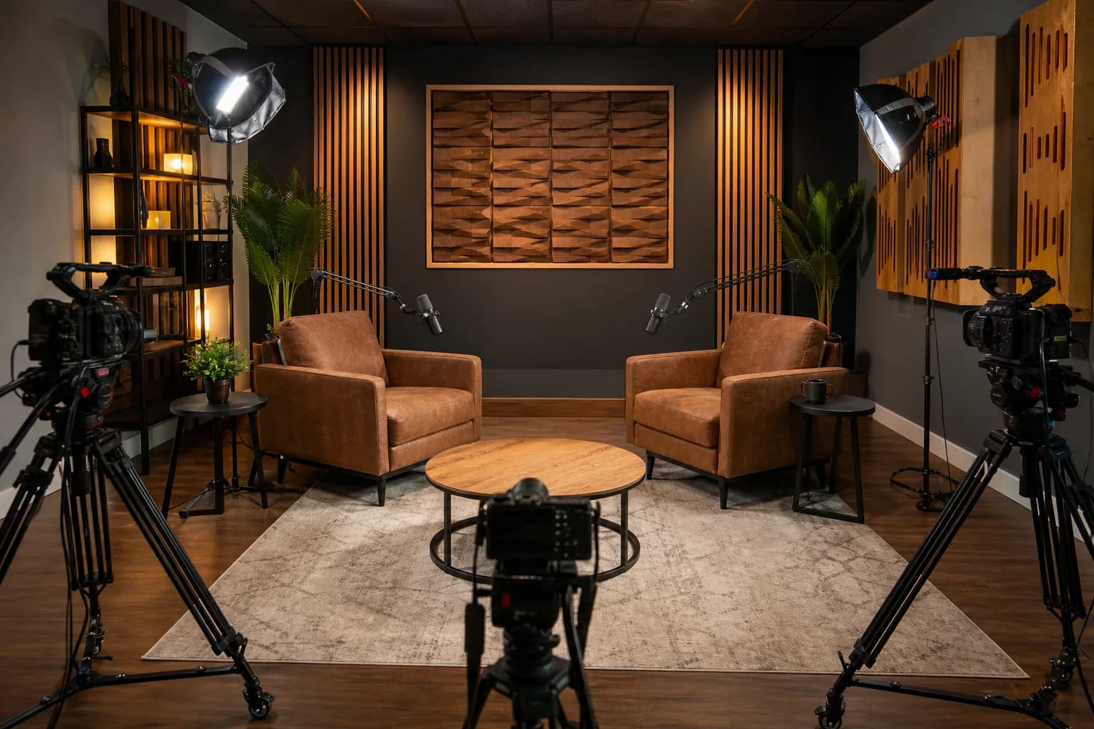 Purpose-built two-person video podcast studio with three cameras, broadcast microphones, acoustic treatment, and controlled lighting