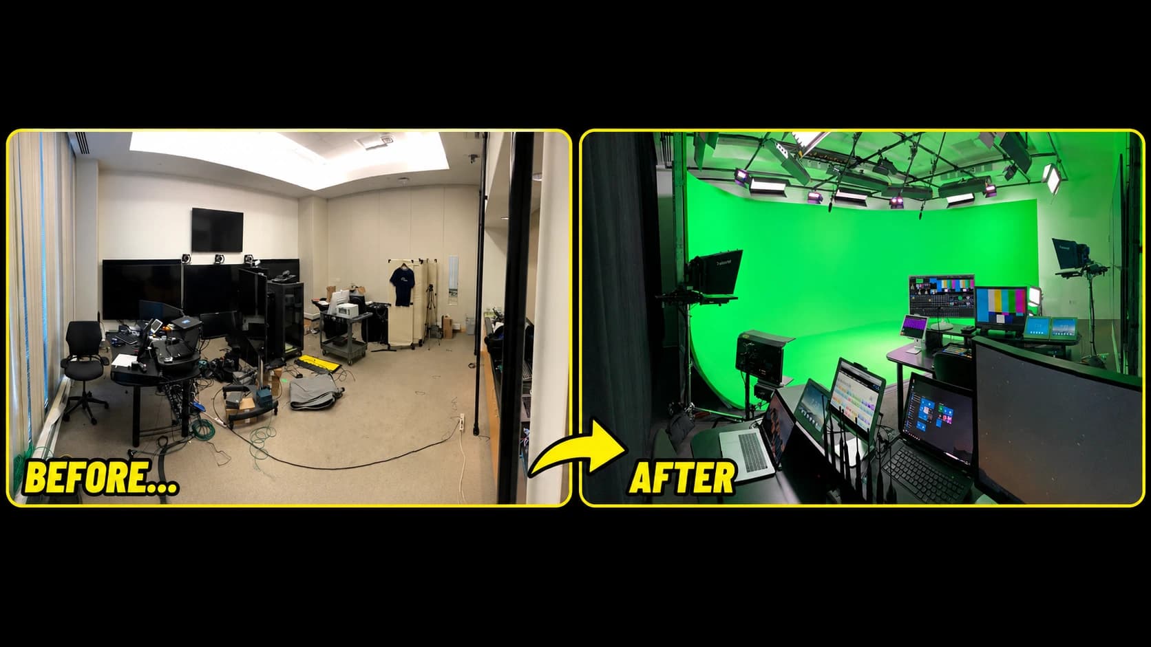 Cisco conference room before and after conversion into a professional green-screen studio