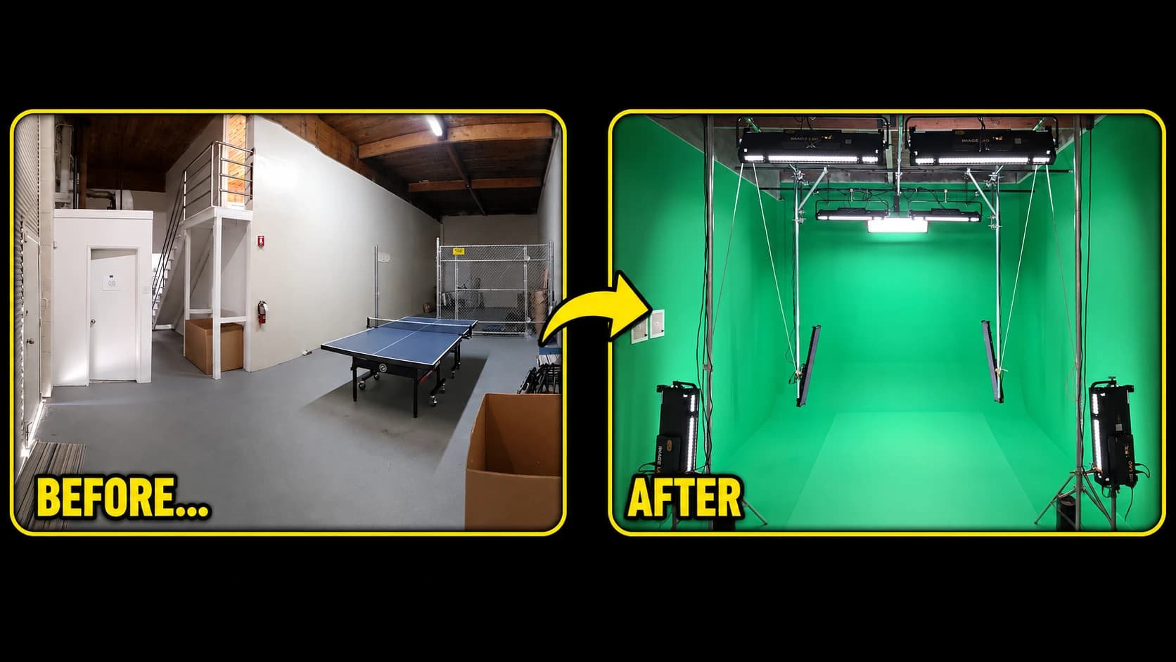Samsung STAR Labs conference room before and after conversion into a green-screen studio