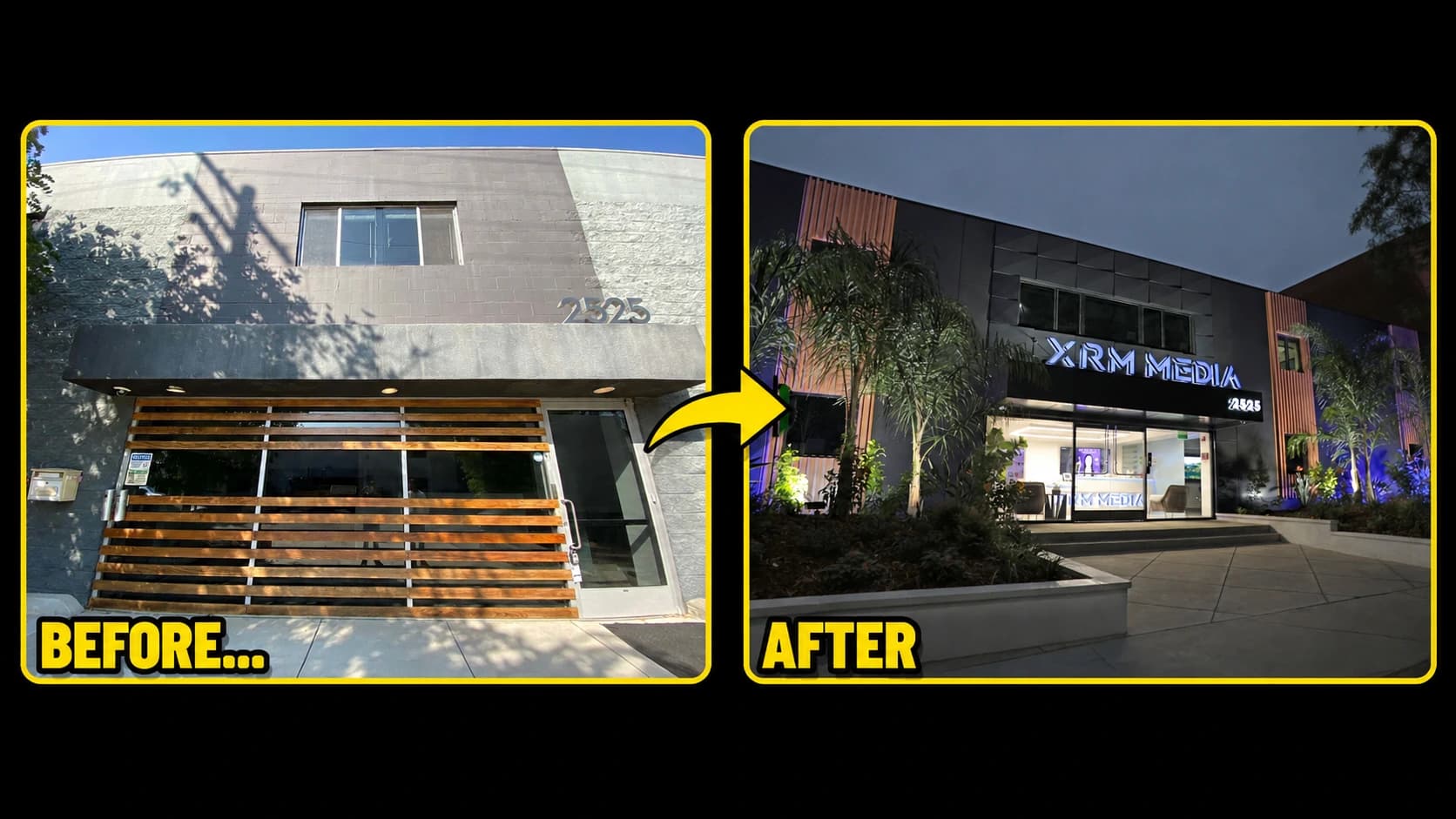 XRM Media building before and after conversion into a branded broadcast facility
