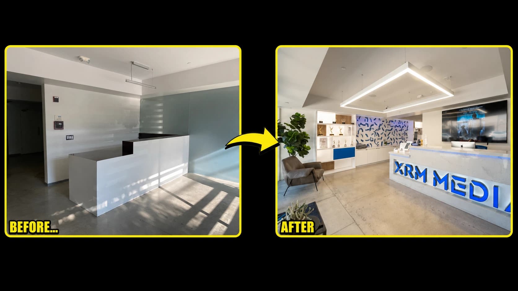 XRM Media lobby before and after conversion into a branded reception and display area