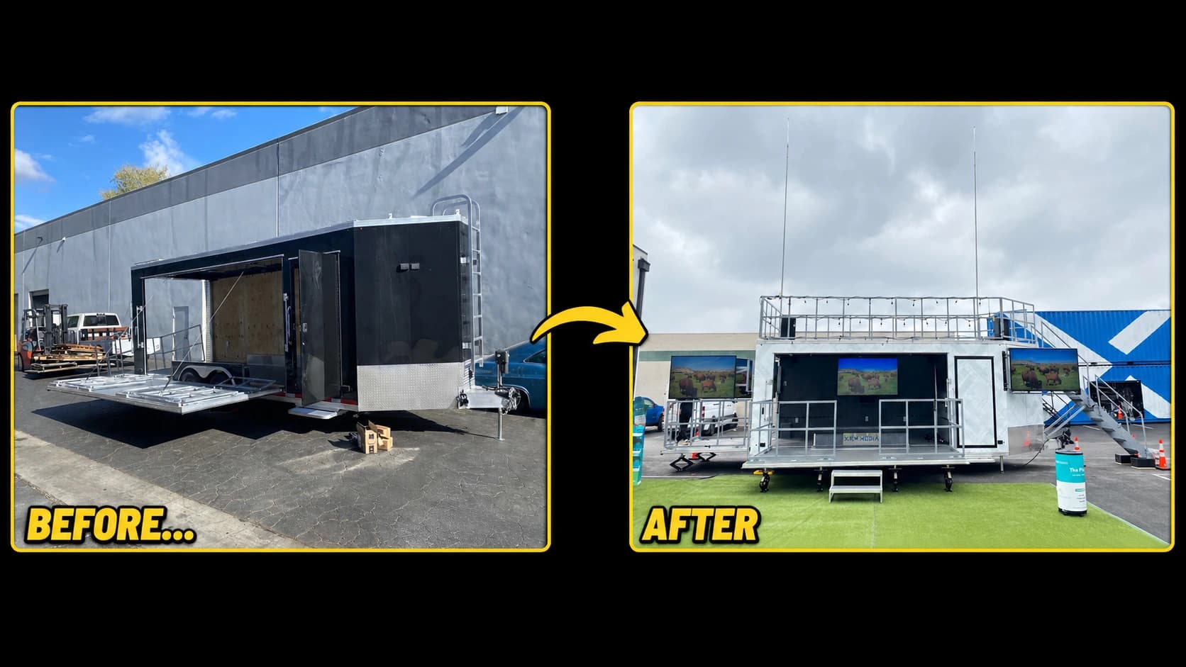 Mobile production trailer before and after conversion into an XRM Media control unit
