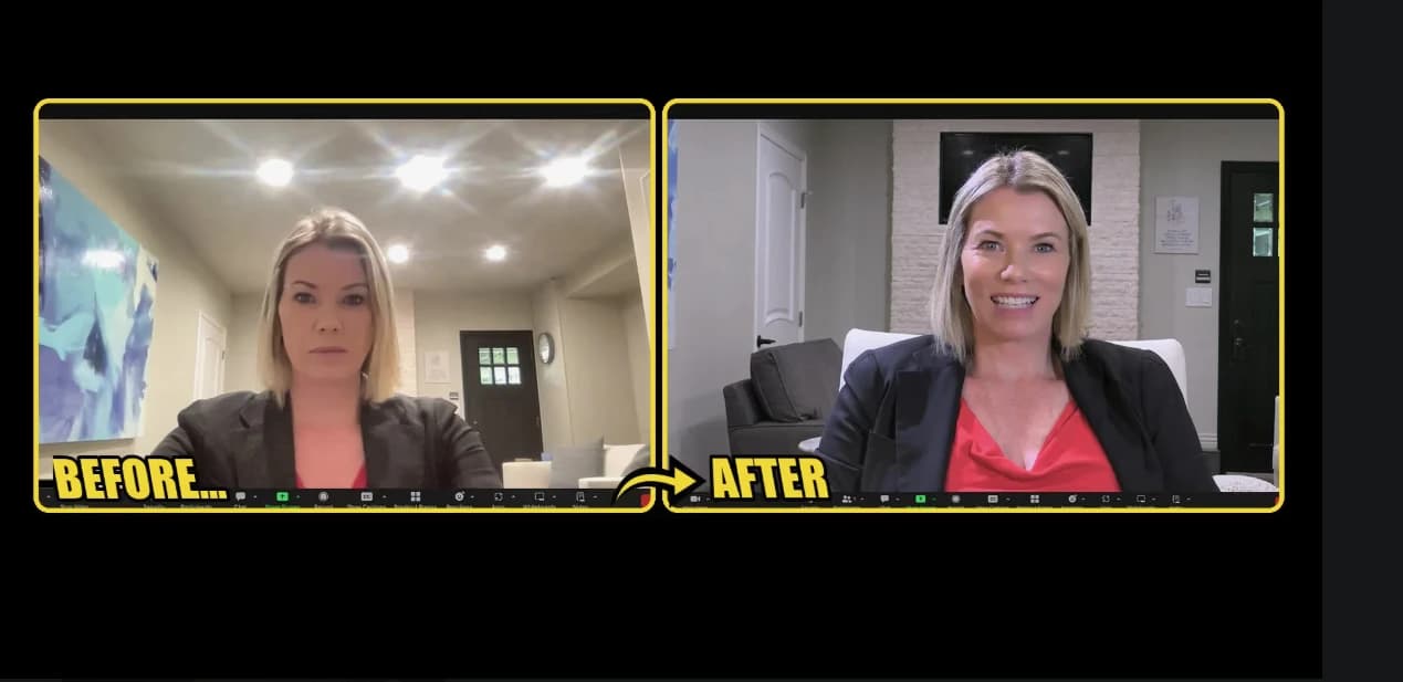 Executive on a video call before and after the camera framing and lighting were improved