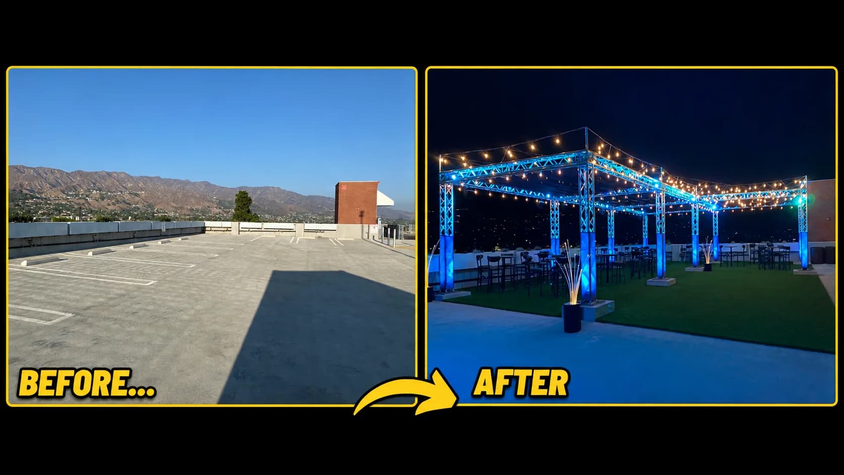 LAFC and Adidas rooftop parking structure before and after installation of a covered illuminated event environment