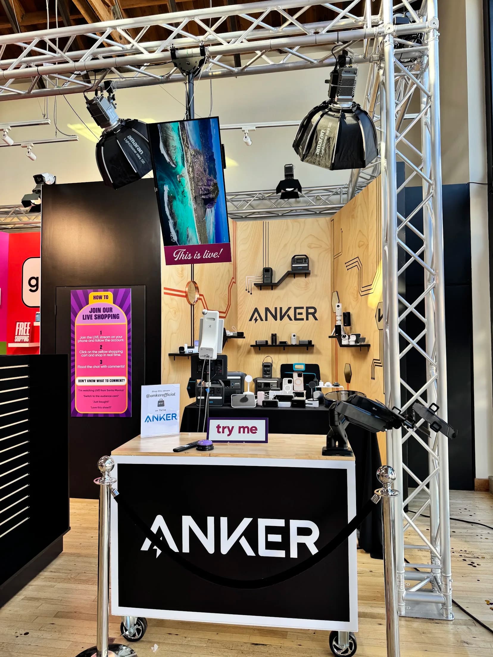 Anker live-shopping station inside the Outlandish TikTok Shop production space