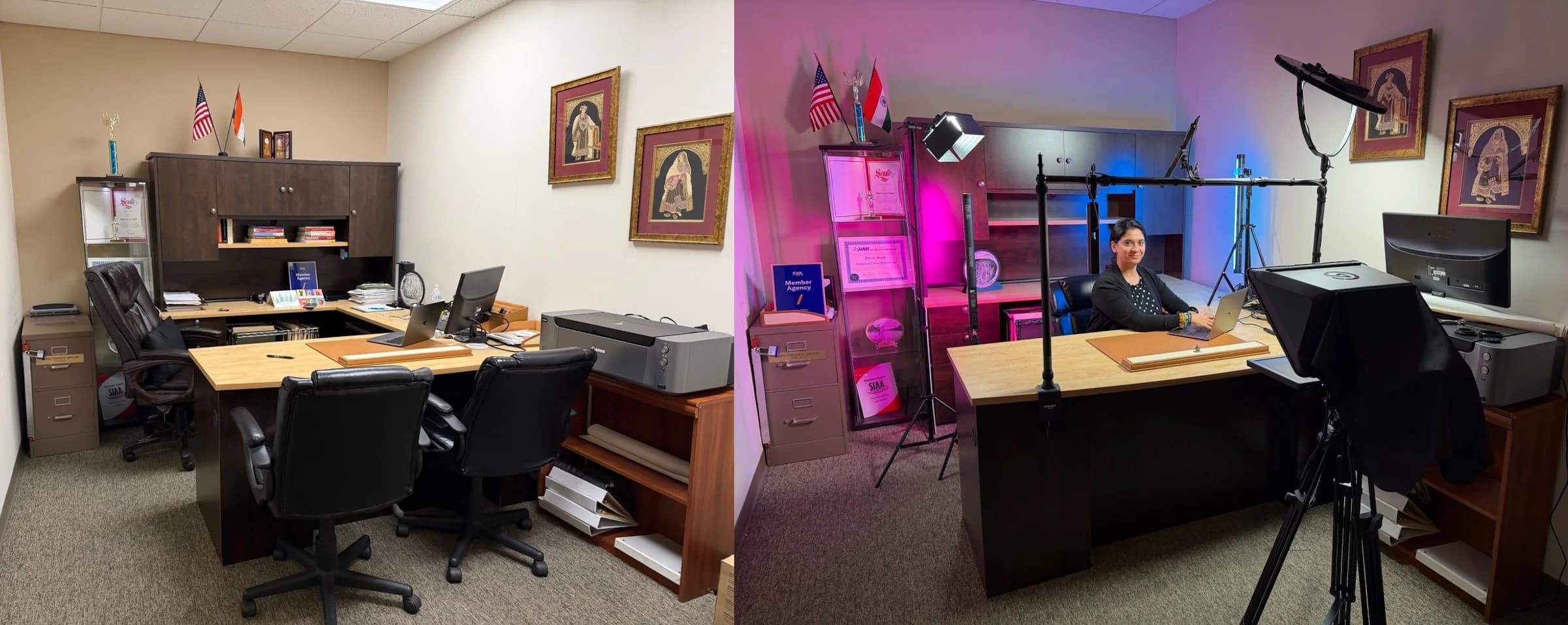 Anvneet’s office before and after conversion into a permanent personal studio with controlled lighting and a dedicated camera position