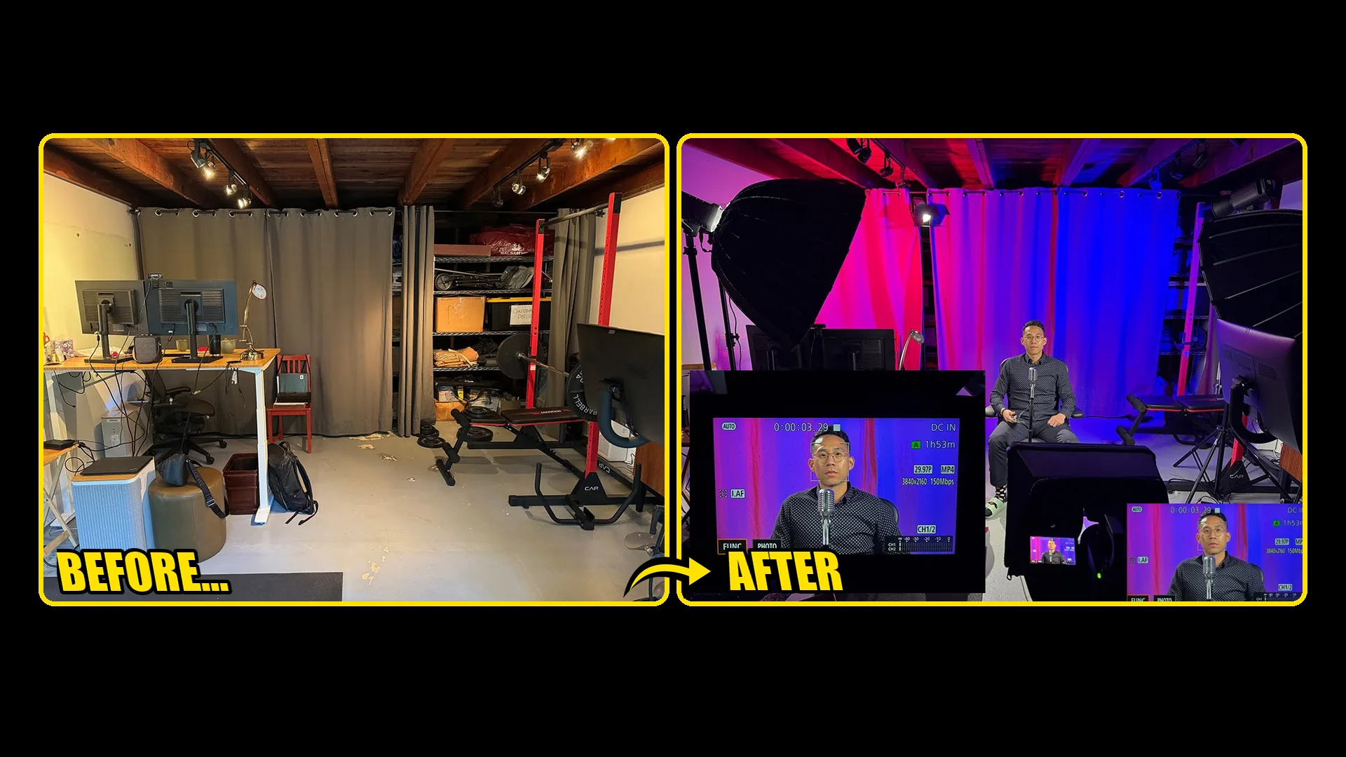 Before and after a Jaz personal studio conversion, showing a workroom fitted with production lighting, microphones and camera monitoring
