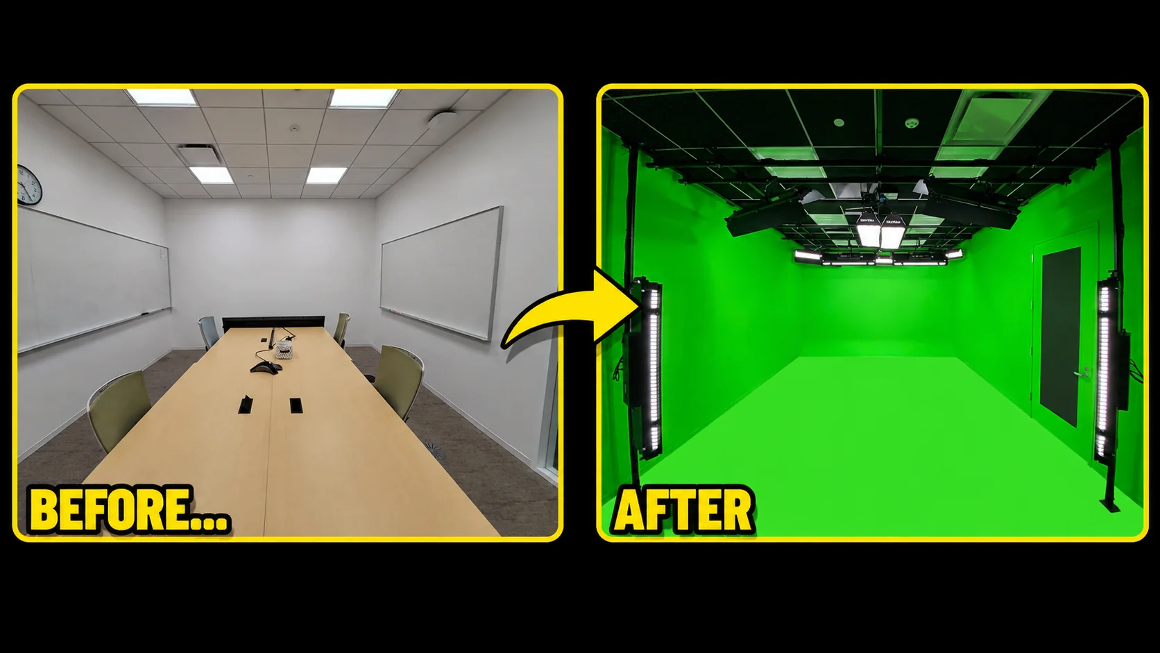 Samsung meeting room before and after conversion into a dedicated production studio