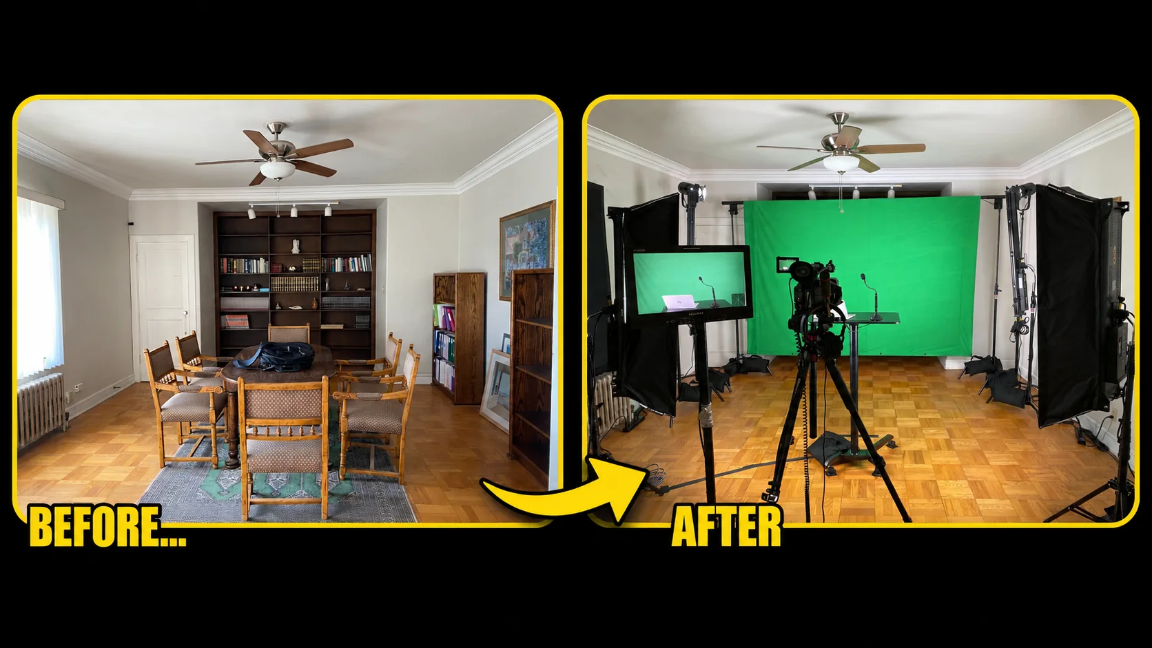 St. John’s Seminary meeting room before and after installation of a compact camera, lighting, and backdrop system