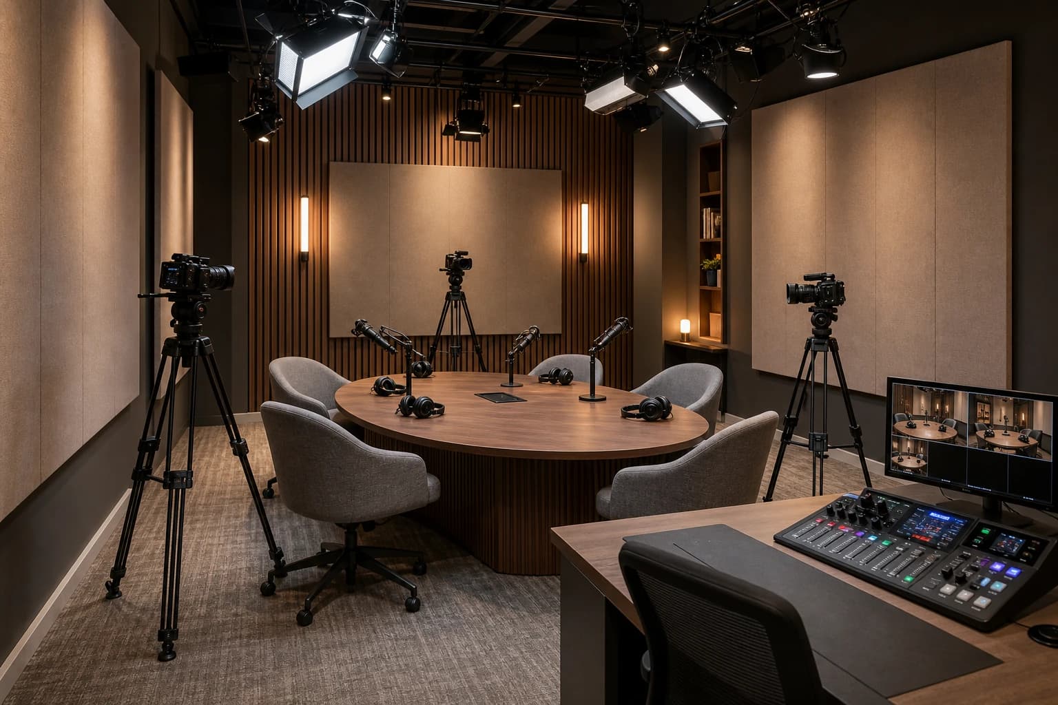 High-end four-person video podcast studio with broadcast microphones, three cameras, ceiling-mounted lighting, acoustic treatment, and a professional control position