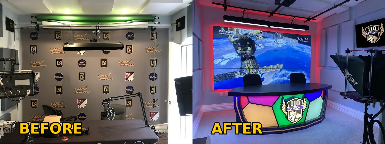 A sports studio before and after construction: first a step-and-repeat banner with a folding desk, then a six-panel video wall with an illuminated soccer-ball anchor desk and teleprompter