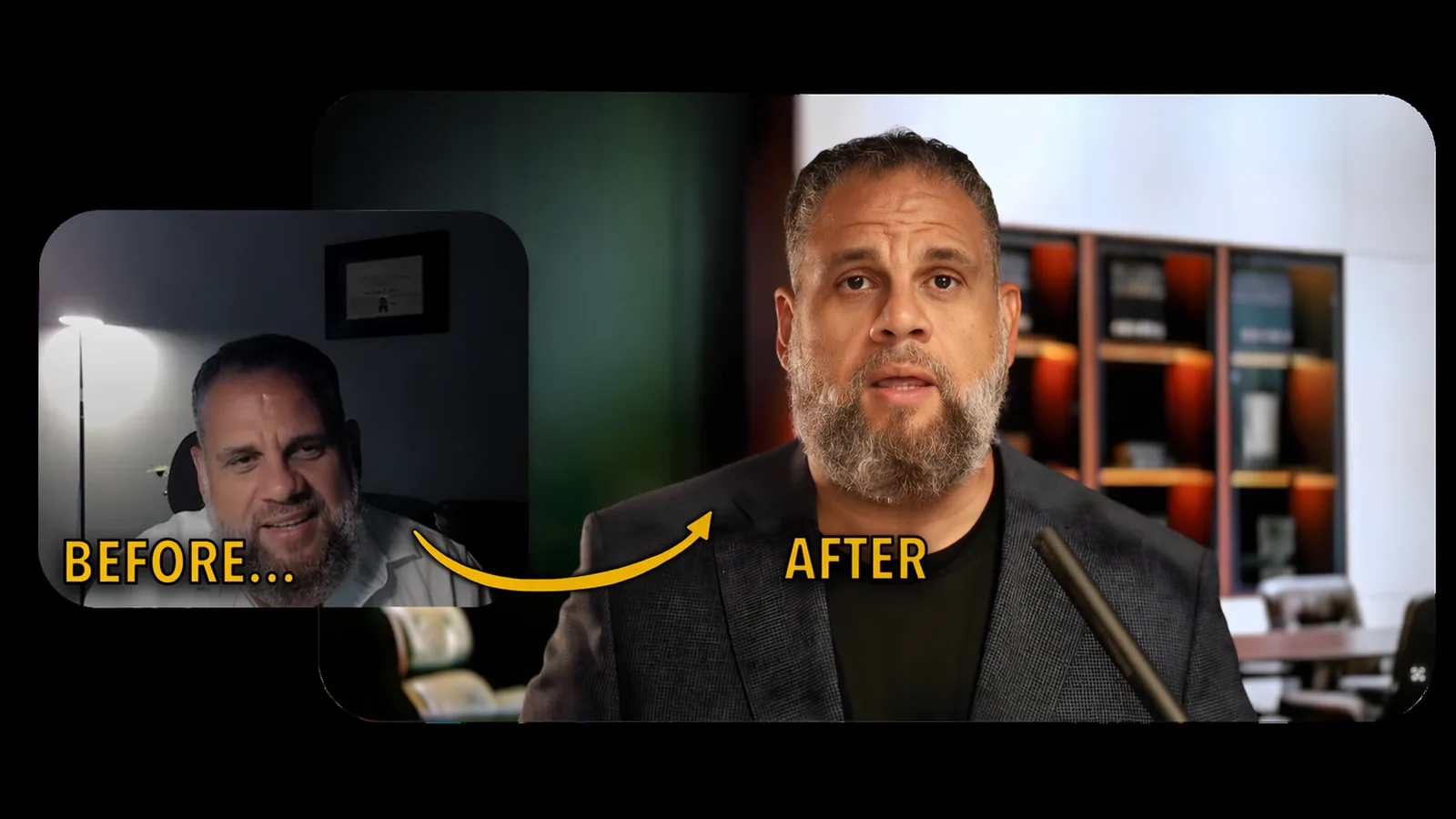 An executive on video before and after a studio build: first a dark room with a single lamp flaring, then a set with warm backlit shelving, a green wall and a conference table receding behind him