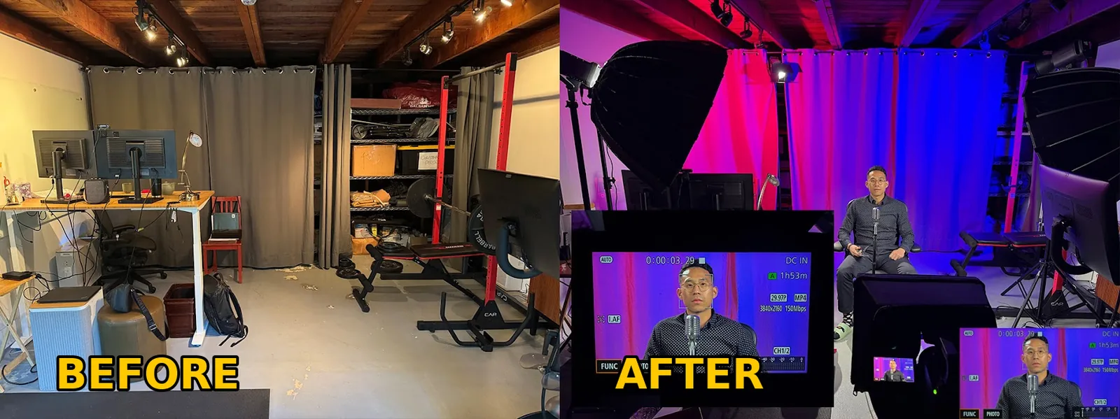 A home garage before and after conversion to a production studio: first a cluttered room with a weight bench and grey curtain, then a magenta and blue lit set with softboxes, a shotgun mic and a 4K camera monitor