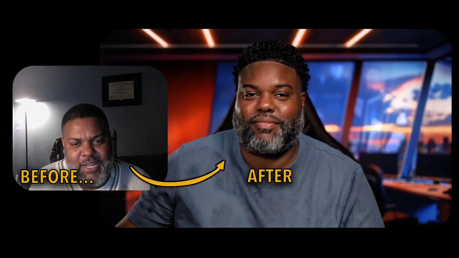 A coach on video before and after a studio build: first lit by a harsh floor lamp in a gaming chair, then a broadcast set with an orange LED ceiling bar and a city view behind him