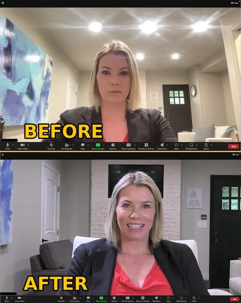 The same home entryway on a video call before and after relighting, stacked
                top to bottom: first lit by ceiling downlights flaring into the lens, then
                keyed off-axis with the subject seated at eye level