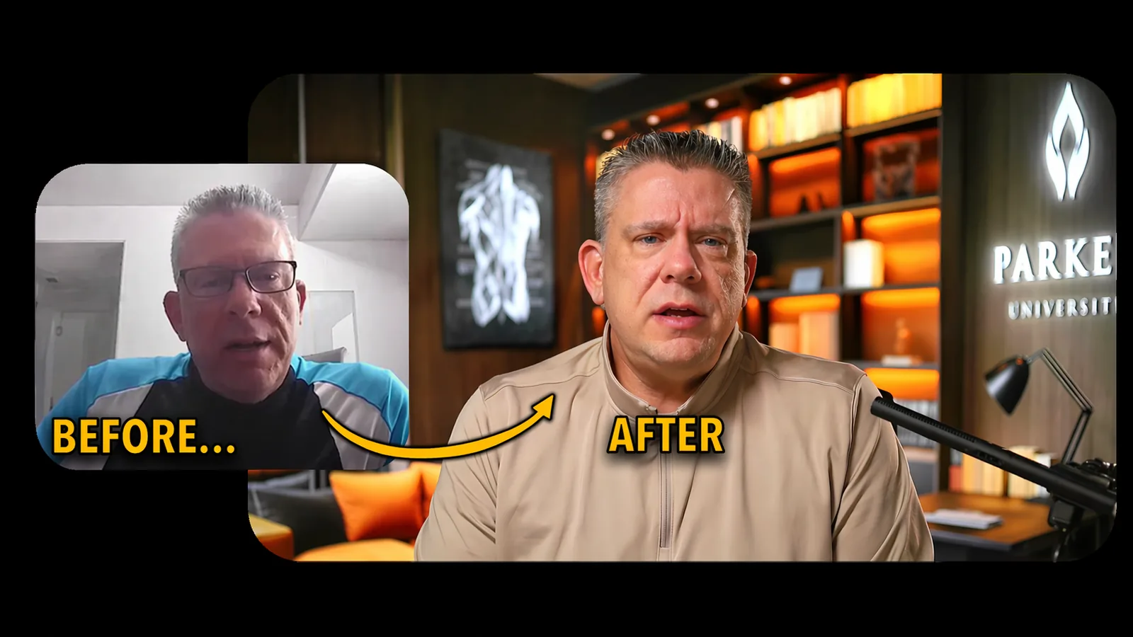 University faculty on video before and after a studio build: first under a flat overhead light against a bare wall, then a warm backlit bookshelf set with anatomical artwork and a Parker University sign