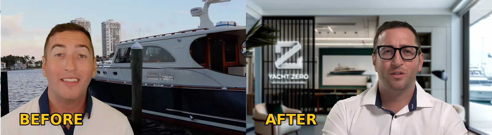 A yacht broker on video before and after a studio build: first filmed outdoors at the dock against a blown-out sky, then a branded Yacht Zero showroom with the marina held in soft focus