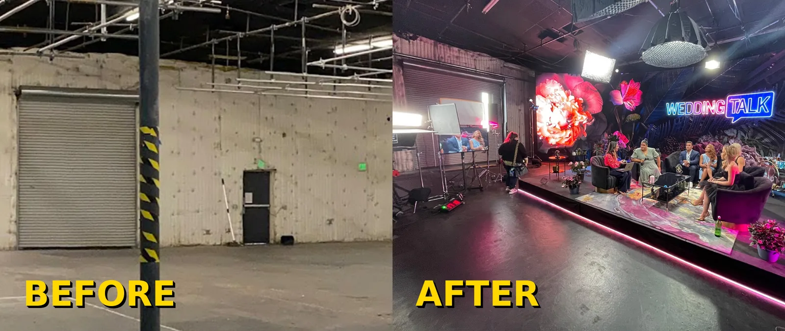 An empty industrial warehouse before and after conversion to a talk show set: first a bare shell with a roll-up door, then a floral LED backdrop, neon Wedding Talk sign and a five-person panel on a lit riser stage